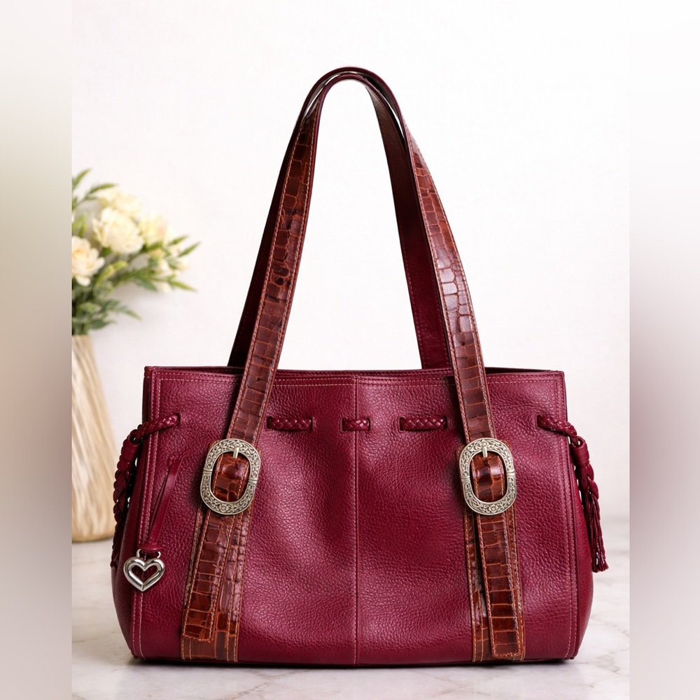 Vintage Brighton Lea Burgundy Leather Croc Embossed Buckle Western Shoulder Bag